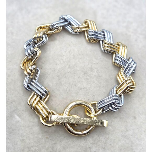 Two Tone Gold/Silver Abstract Link Chain Toggle Clasp Bracelet, Lightweight - Picture 1 of 4